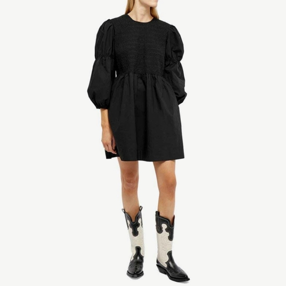 GANNI Women's Cotton Poplin Mini Smock Dress in Black size 38 or 6‎